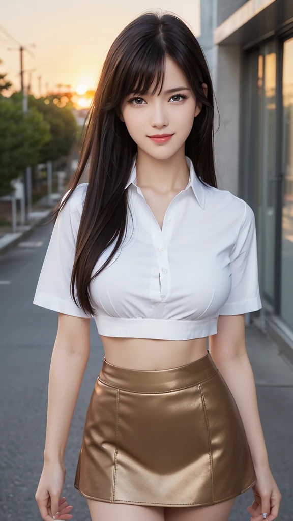 (8ก, 最high quality: 1.2), Very detailed, Complete solution, (Realistic, Realistic photo: 1.37), Portraiture, High resolution RAW color photograph, Professionally arrested, High resolution and beautiful, High resolution, 8ก Image Wallpaper, Amazing details, Large file size, Very detailed美しい女の子, Very detailed face, (Super beautiful, well-defined eyes:1.8), The nose is precisely shaped., expressive lips,(sunset,School corridor background:1.4) , One Story, pretty girl, Realistic、                                                                                 (Movie Scenes,Fantasy art,最high quality,high quality,High resolution,high qualityの質感,Attention to detail,Beautiful details,Fine details,Very detailedCG,Detailed Texture,Realistic representation of face,Tabletop,before,dynamic,bold),1 Girl,Very detailed肌,curve,(Covered nipples:0.8),Beautiful breasts,Small breasts,Pale skin,Pointed Chest,Erect nipples,(Very thin hair),(Super soft hair),(Super Straight Hair),Long, slicked bangs,Very light coppery amber hair,Hair on one eye,Very lean body,Smart Abs,(Improve ,Cropped shirt,Micro Mini Skirt:1.5),(smile:1.5),