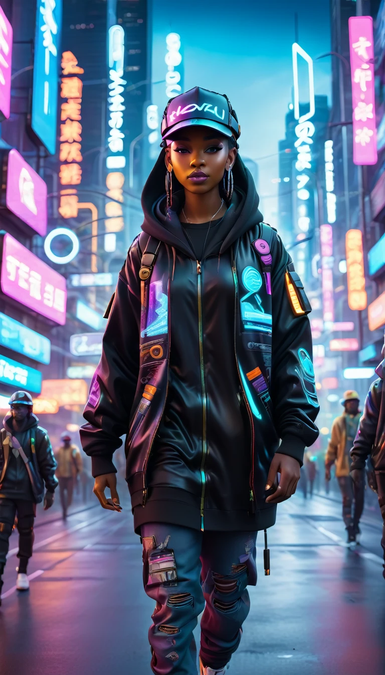 BLACK people dressed in urban clothes, 1 hood, Futuristic hat with visor, In a high-tech cityscape with neon lights and holographic signs、stopped on the road. The background is modern and cyberpunk, high tech vibe. Lovely Digital Painting, 3D rendering, Bright lighting, swirly vibrant colors.