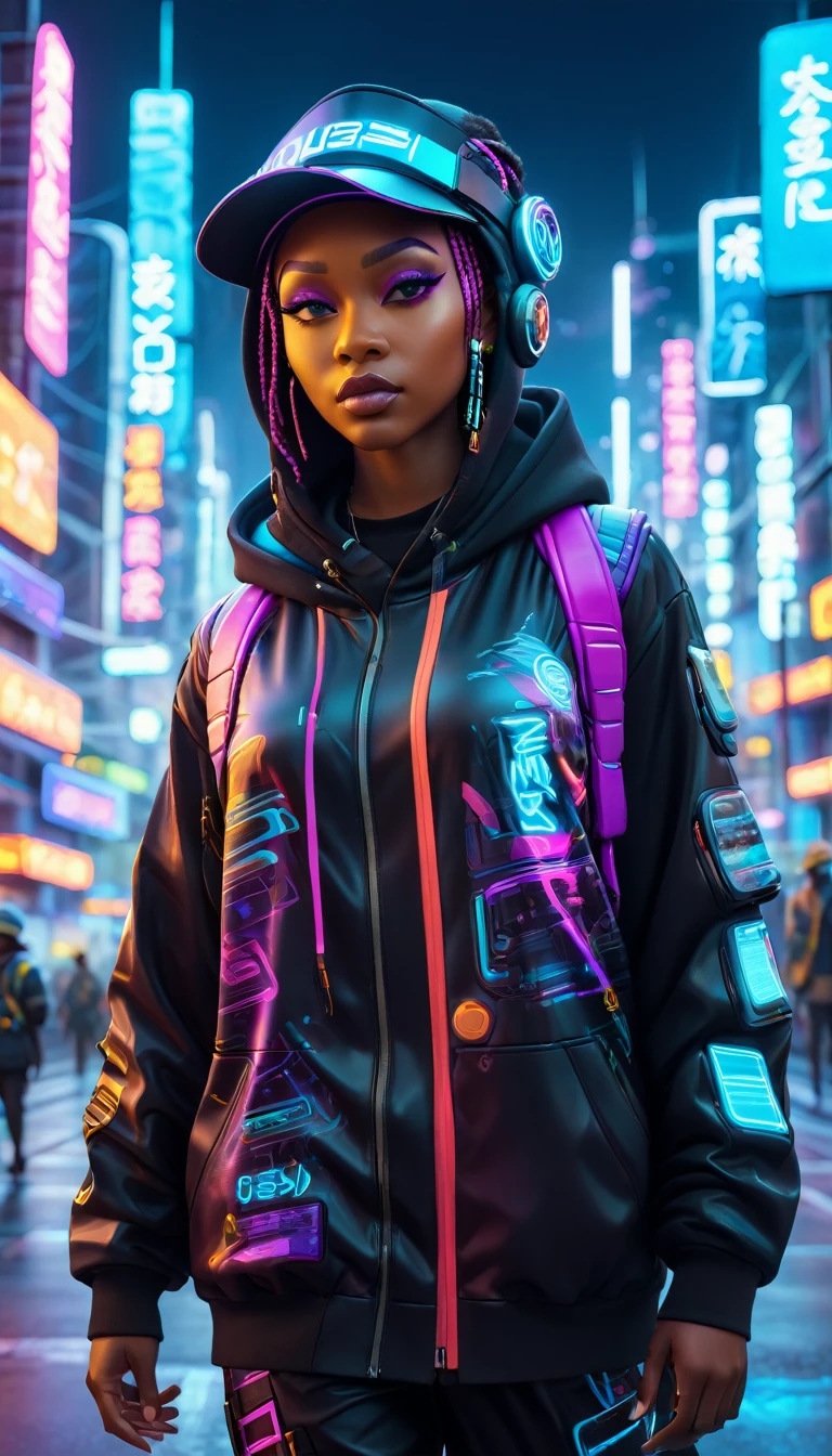 BLACK people dressed in urban clothes, 1 hood, Futuristic hat with visor, In a high-tech cityscape with neon lights and holographic signs、stopped on the road. The background is modern and cyberpunk, high tech vibe. Lovely Digital Painting, 3D rendering, Bright lighting, swirly vibrant colors.