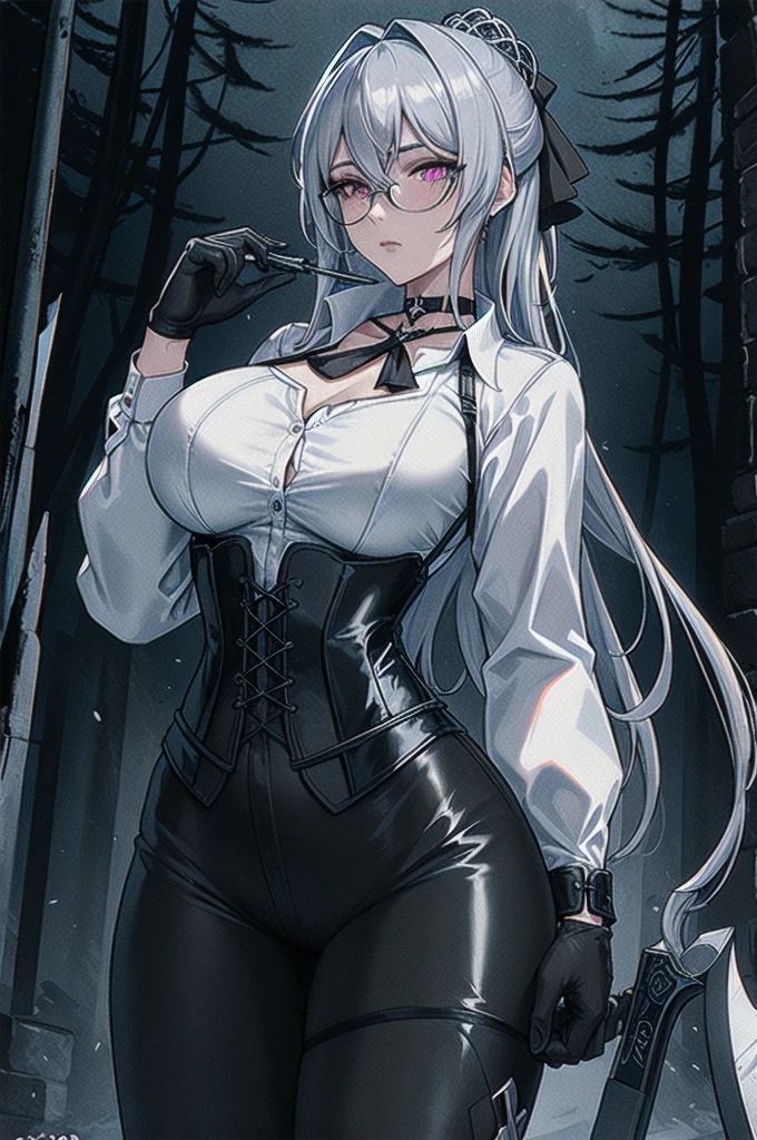 Masterpiece, Beautiful art, professional artist, 8k, art style by sciamano240, rostro de Bronya Zaychik, detailed body, Very detailed face, very detailed eyes, Detailed clothing, detailed fabric, Best Quality, better resolution,  1 girl, front view, big breasts, serious expression,  At night , silver hair, glasses, choker:1.6, (white collar button down long sleeve shirt), (shiny black corset), black gloves that cover your hands, holding an ax with his hand, (shiny black leggings), looking at the viewer, dark forest, Atmosphere, fog, At night