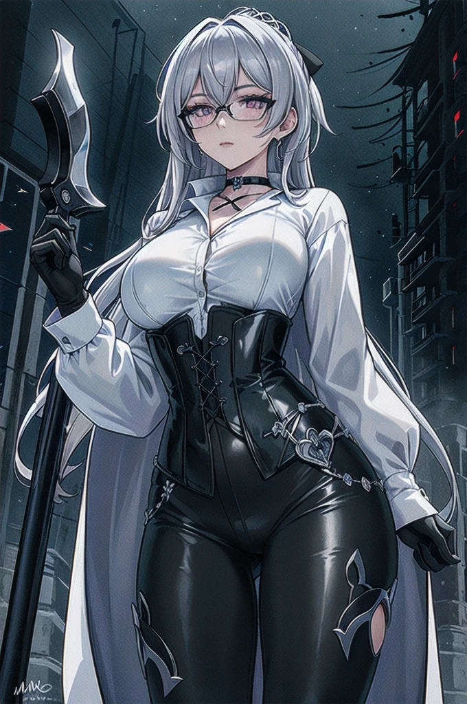 Masterpiece, Beautiful art, professional artist, 8k, art style by sciamano240, rostro de Bronya Zaychik, detailed body, Very detailed face, very detailed eyes, Detailed clothing, detailed fabric, Best Quality, better resolution, 1 girl, front view, big breasts, serious expression, At night , silver hair, glasses, choker:1.6, (white collar button down long sleeve shirt), (shiny black corset), black gloves that cover your hands, holding an ax with his hand, (shiny black leggings), looking at the viewer, dark forest, Atmosphere, fog, At night