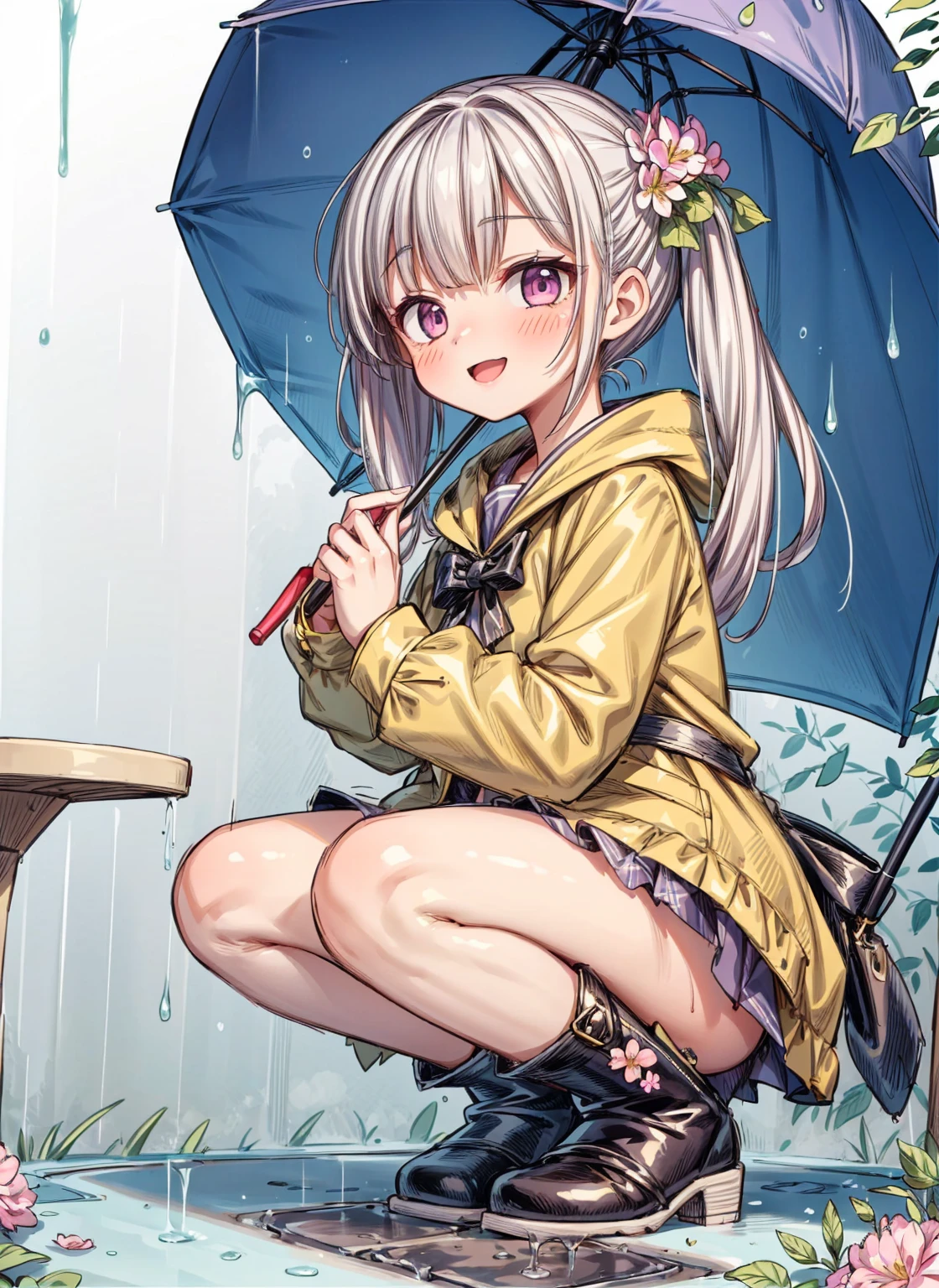 One Girl,rainbow,raincoat,yellow raincoat,rubber Knee-high boots,Hydrangea,flower,Long Hair,Twin tails,Knee-high boots,blush,umbrella,Open your mouth,hair ornaments,Food,alone,Terboz,very Long Hair,Food up,Long sleeve,Low Ponytail,bow,bangs,smile,animal Food,closed umbrella,puddle,Cowboy Shot、squat,:d,Yellow footwear, background,pink flower,Are standing,leaf umbrella,Holding umbrella,food-themed hair ornaments,hair bow,animal ears,Holding,bionde,hair flower,rain,animal,Gray Hair、Light purple eyes、Bob Hair、Laughter、Purple Raincoat、((((heavy,Girl who pees in front of her)))),((Girl peeing forward、A girl urinating vigorously in front of her、Girl urinating a lot in front)), NSFW,Golden liquid dripping down my legs