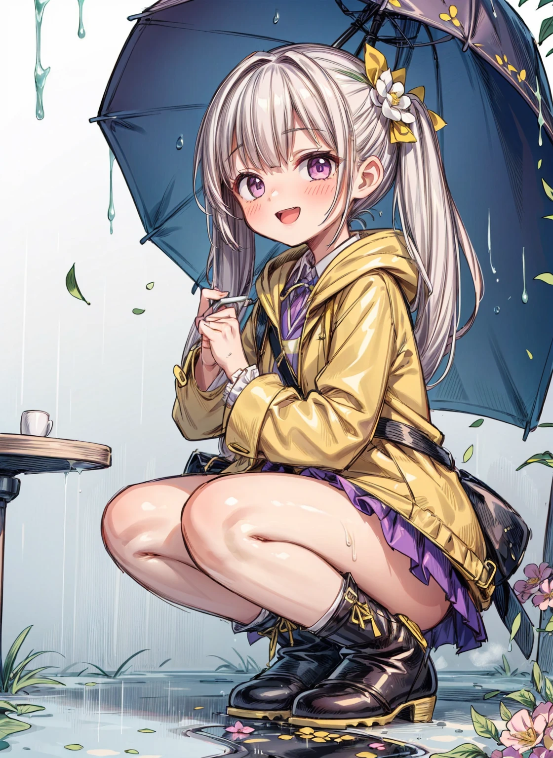 One Girl,rainbow,raincoat,yellow raincoat,rubber Knee-high boots,Hydrangea,flower,Long Hair,Twin tails,Knee-high boots,blush,umbrella,Open your mouth,hair ornaments,Food,alone,Terboz,very Long Hair,Food up,Long sleeve,Low Ponytail,bow,bangs,smile,animal Food,closed umbrella,puddle,Cowboy Shot、squat,:d,Yellow footwear, background,pink flower,Are standing,leaf umbrella,Holding umbrella,food-themed hair ornaments,hair bow,animal ears,Holding,bionde,hair flower,rain,animal,Gray Hair、Light purple eyes、Bob Hair、Laughter、Purple Raincoat、((((heavy,Girl who pees in front of her)))),((Girl peeing forward、A girl urinating vigorously in front of her、Girl urinating a lot in front)), NSFW,Golden liquid dripping down my legs