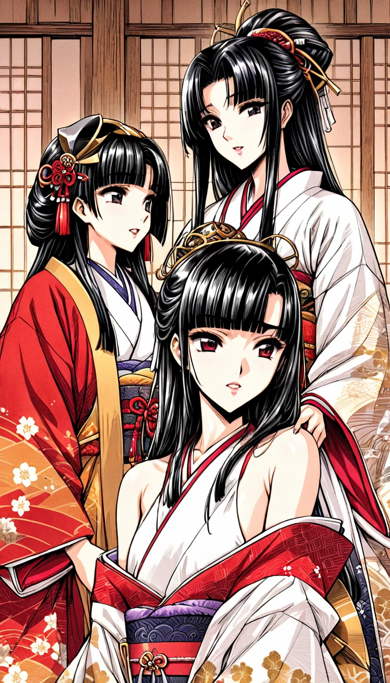 ((Highest quality)), ((masterpiece)), (detailed), （Perfect Face）、（The woman is a 12-year-old princess from the Sengoku period in Japan., Long black hair and a beautiful face　Located in a luxurious samurai residence.、The woman is wearing a Japanese white kimono with a richly embroidered red shiny robe over it.　The red robe worn by Japanese princesses　Her hair is styled in a straight hime cut.　It is decorated with gorgeous ornaments from the Edo period.,   She gets her clothes flipped over by two women and a dildo is inserted into her pussy