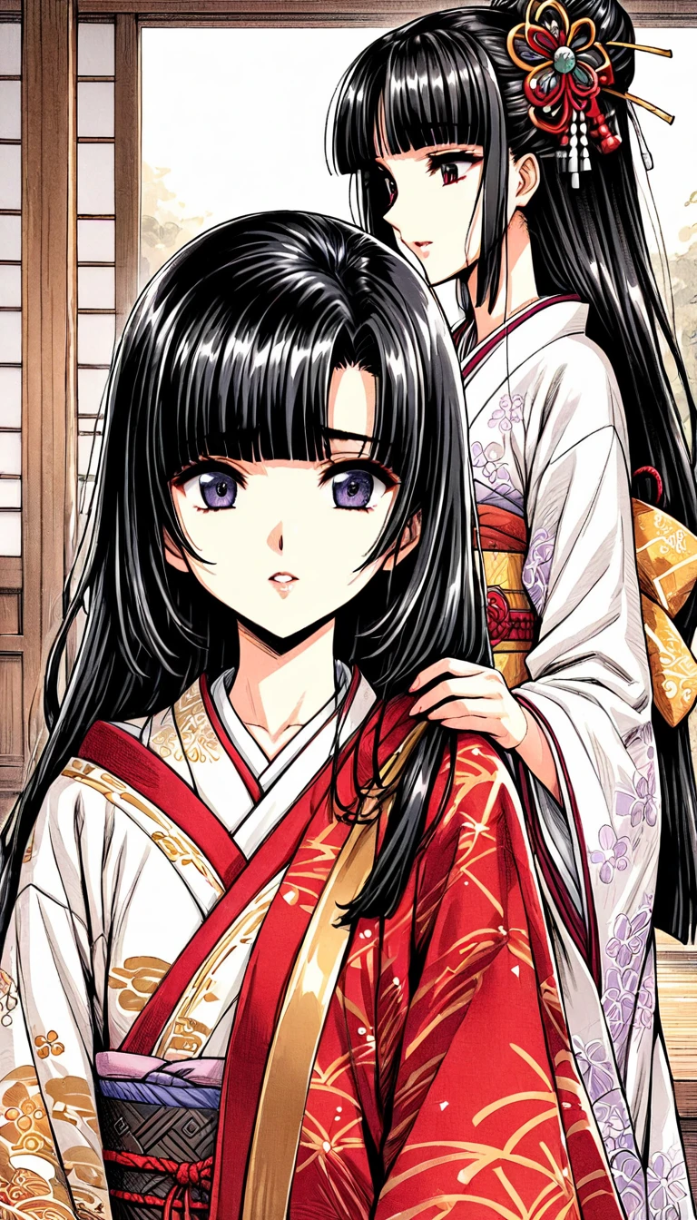 ((Highest quality)), ((masterpiece)), (detailed), （Perfect Face）、（The woman is a 12-year-old princess from the Sengoku period in Japan., Long black hair and a beautiful face　Located in a luxurious samurai residence.、The woman is wearing a Japanese white kimono with a richly embroidered red shiny robe over it.　The red robe worn by Japanese princesses　Her hair is styled in a straight hime cut.　It is decorated with gorgeous ornaments from the Edo period.,   She gets her clothes flipped over by two women and a dildo is inserted into her pussy