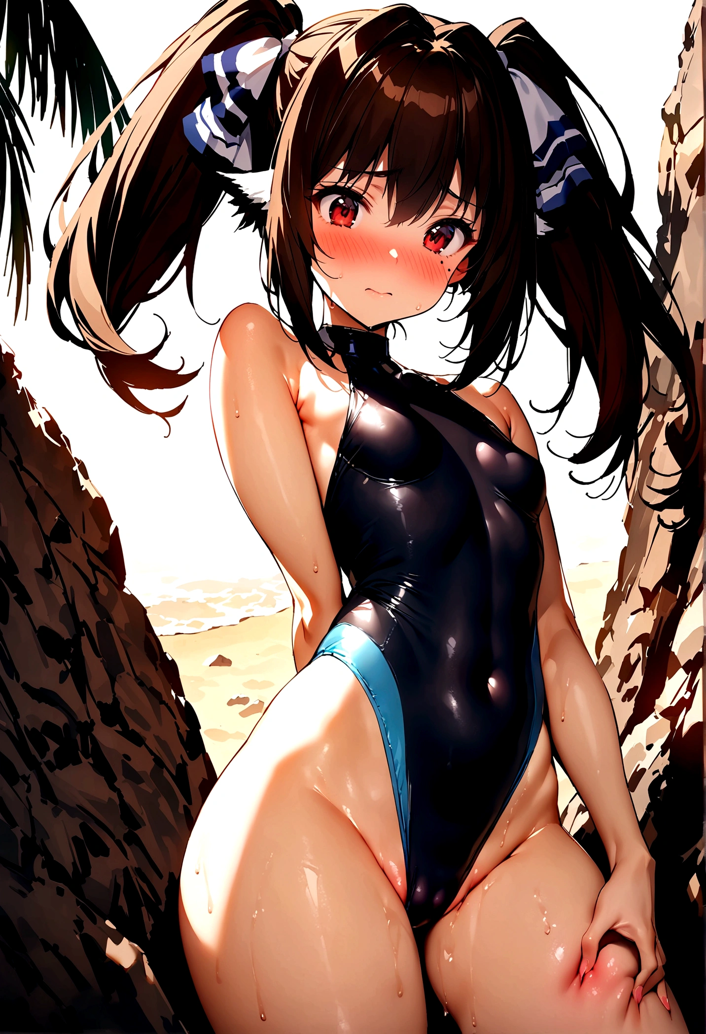 NSFW,masterpiece,Highest quality,High resolution,Super detailed,Nekone \(Utawarerumono\),Brown Hair、（Red Eye：1.3）、ribbon,Twin tails、ヘアribbon、Mole、目の下のMole,Small breasts,High-quality sexy swimsuit,beach,Palm tree,Rock Shade,Embarrassed,blush,(Seduce),(Strong-faced men),A man rubs my ass