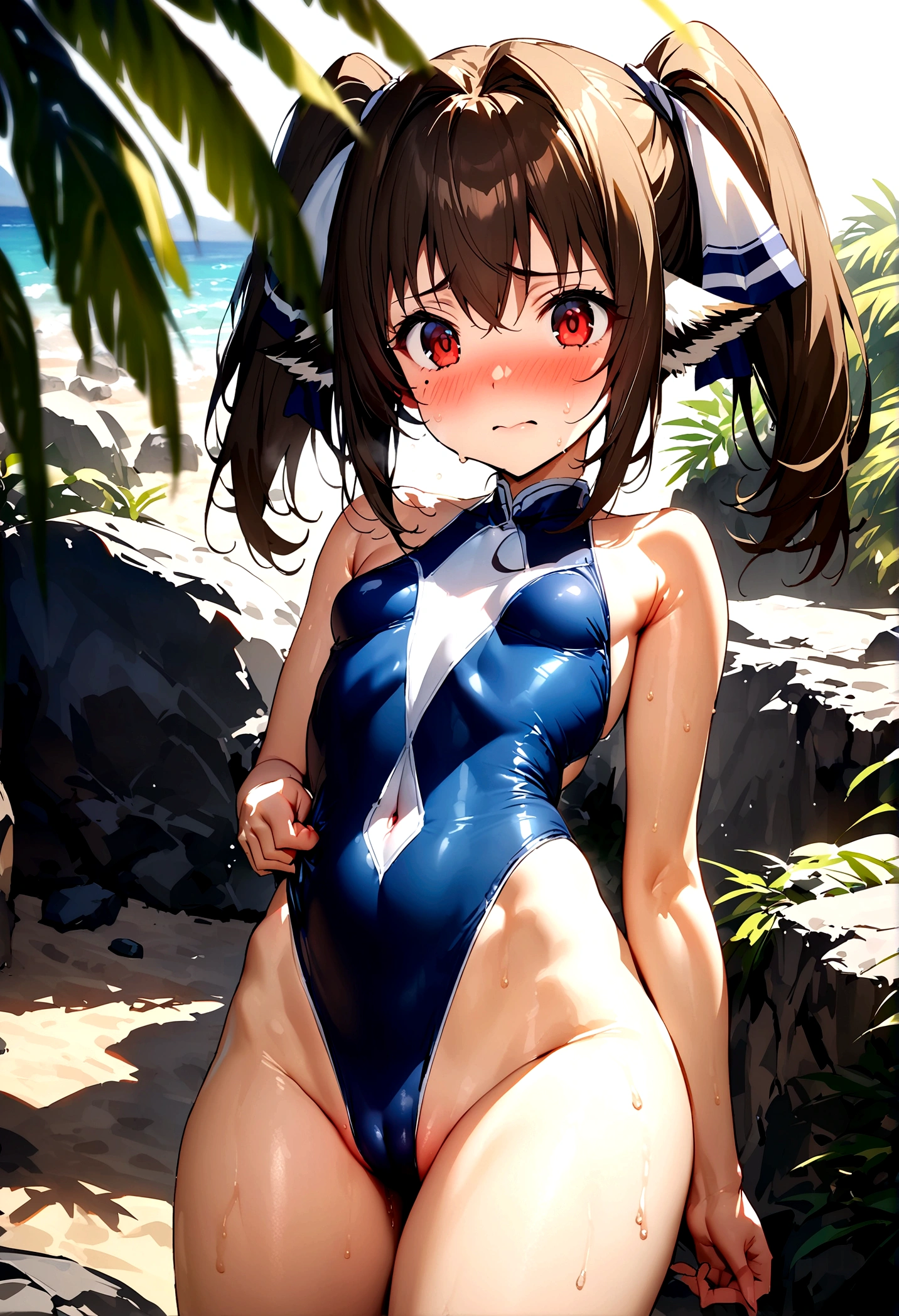 NSFW,masterpiece,Highest quality,High resolution,Super detailed,Nekone \(Utawarerumono\),Brown Hair、(Red Eye:1.3)、ribbon,Twin tails、ヘアribbon、Mole、目の下のMole,Small breasts,High-quality sexy swimsuit,beach,Palm tree,Rock Shade,Embarrassed,blush,(Seduce),(Strong-faced men),A man rubs my ass