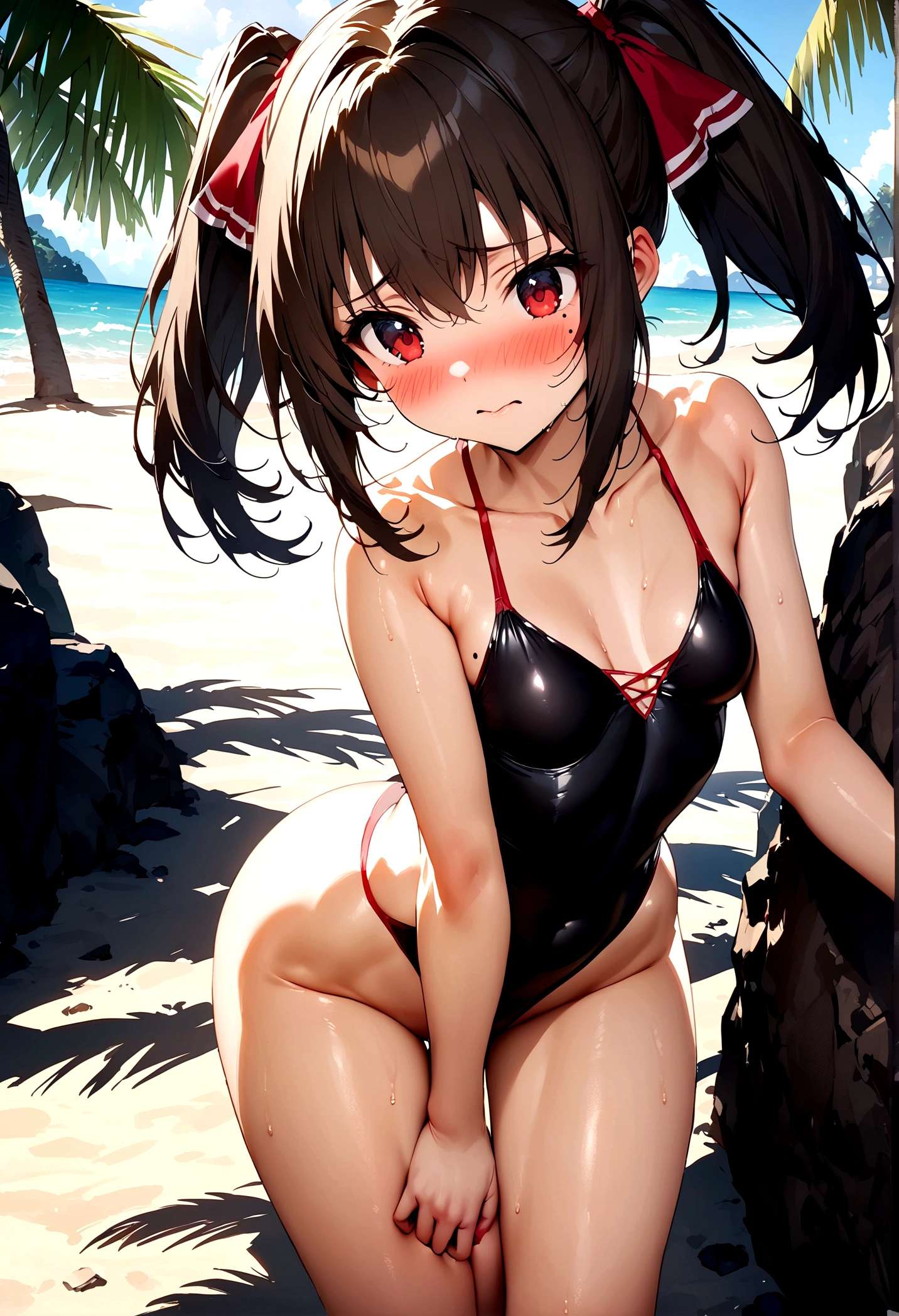 NSFW,masterpiece,Highest quality,High resolution,Super detailed,Nekone \(Utawarerumono\),Brown Hair、(Red Eye:1.3)、ribbon,Twin tails、ヘアribbon、Mole、目の下のMole,Small breasts,High-quality sexy swimsuit,beach,Palm tree,Rock Shade,Embarrassed,blush,(Seduce),(Strong-faced men),A man rubs my ass