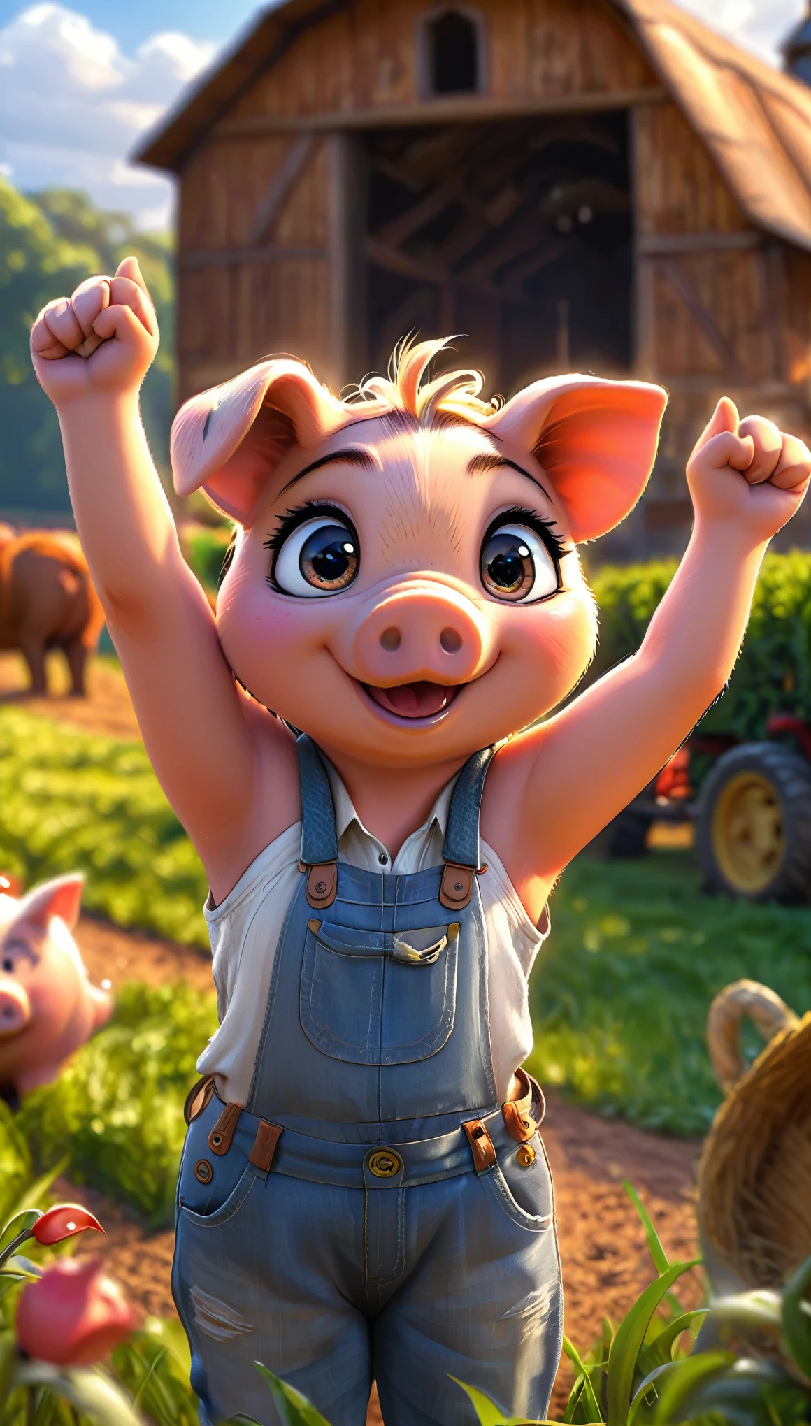 cute piggy, cartoon , arms, hands ,cute eyes, looking at viewer, arms up, farm clothes, piggy ears, flawless, detailed