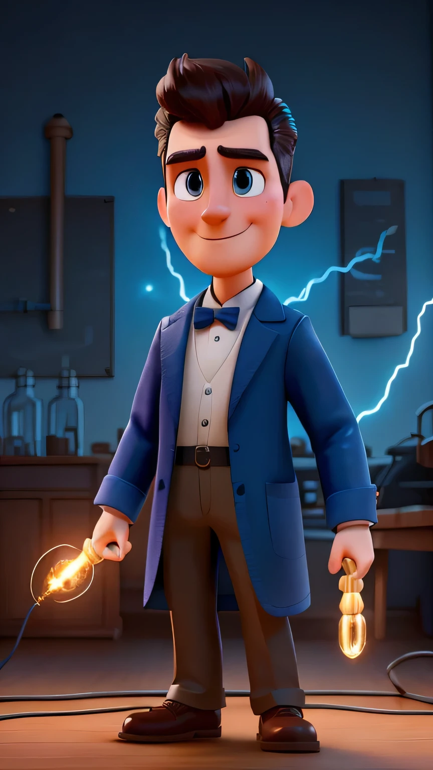 Create an image of Nikola Tesla in Disney Pixar 3D style. Imagine Tesla as a charismatic and likable character, with large, expressive eyes, typical of Pixar characters. He should be in an environment that reflects his genius and passion for science, perhaps in a laboratory with glowing machines and inventions in the background. His attire should have a vintage touch but be modern and colorful, with elements that hint at electricity and innovation. Additionally, include dynamic lightning effects around him to emphasize his connection to electricity and his groundbreaking work with electrical currents.