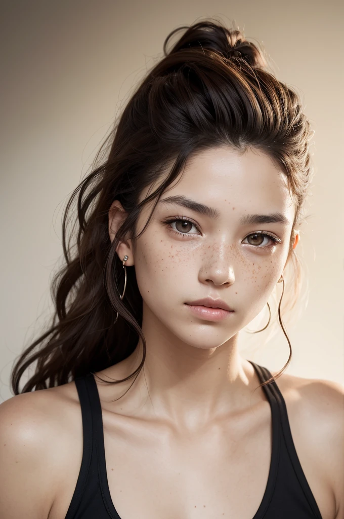 A woman with shoulder-length wavy hair with the sides of her hair shaved, skin fair, brown eyes and a white tank top, thin lips, eye piercings and some small scars on the face as well as freckles, a somewhat masculine appearance