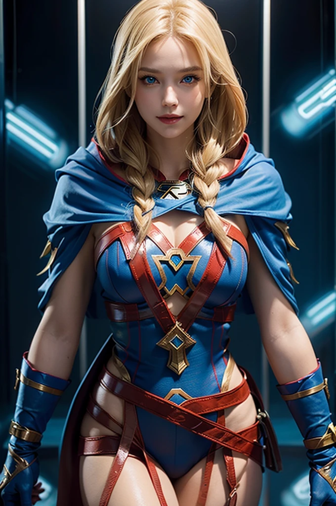 The character Supergirl, extremely beautiful face, extremely blond hair, beautiful anatomy, perfect blue and red costume, sneaky smile, perfect smooth curves, beautiful brilliant blue eyes 