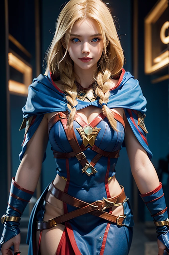 The character Supergirl, extremely beautiful face, extremely blond hair, beautiful anatomy, perfect blue and red costume, sneaky smile, perfect smooth curves, beautiful brilliant blue eyes