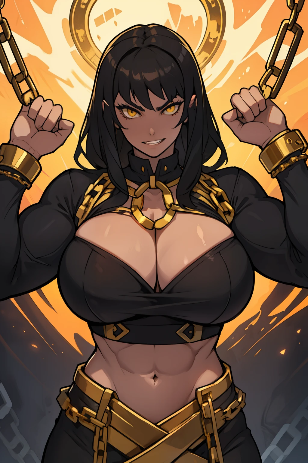 evil evil girl evil thick thick thick thick breasts huge muscles dark energy black hair yellow eyes pale skin huge gold chains huge gold chains chains chains huge gold chains evil girl gold chained chained