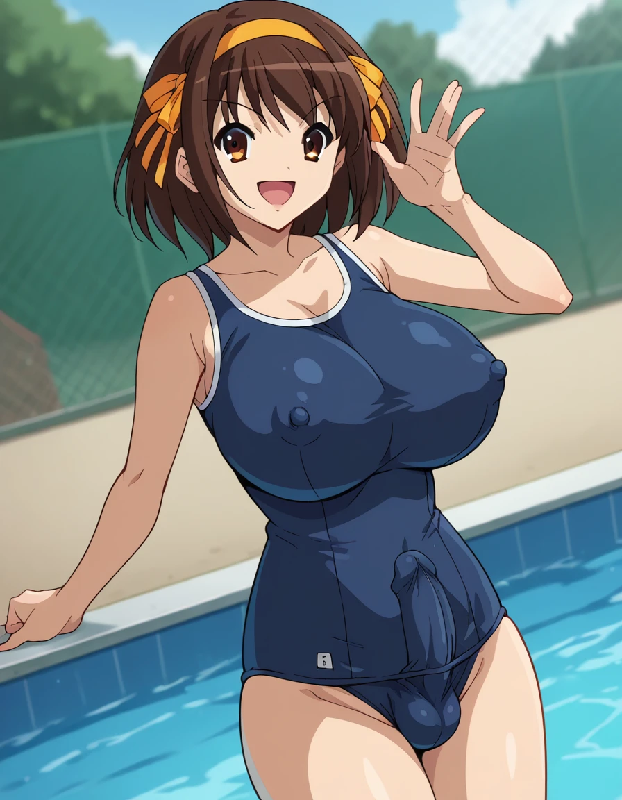 haruhi suzumiya, short hair, brown hair, brown eyes, hairband, medium hair, ribbon, hair ribbon, (old school swimsuit), dutch angle, cowboy shot, smile, open mouth, looking at viewer, huge breasts, erect nipples, chichibukuro, futa, penis outline, school pool, blurry background, bokeh, pose, photo shoot, score_9, score_8_up, score_7_up, source_anime