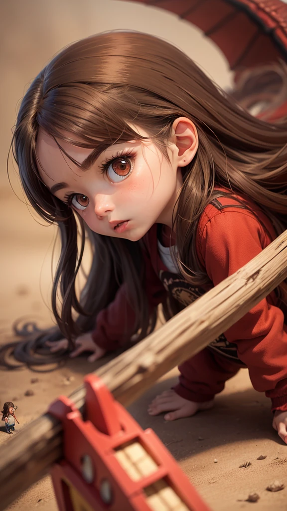 Small , with long brown hair, fights with a tiny stick, against a giant red dragon
