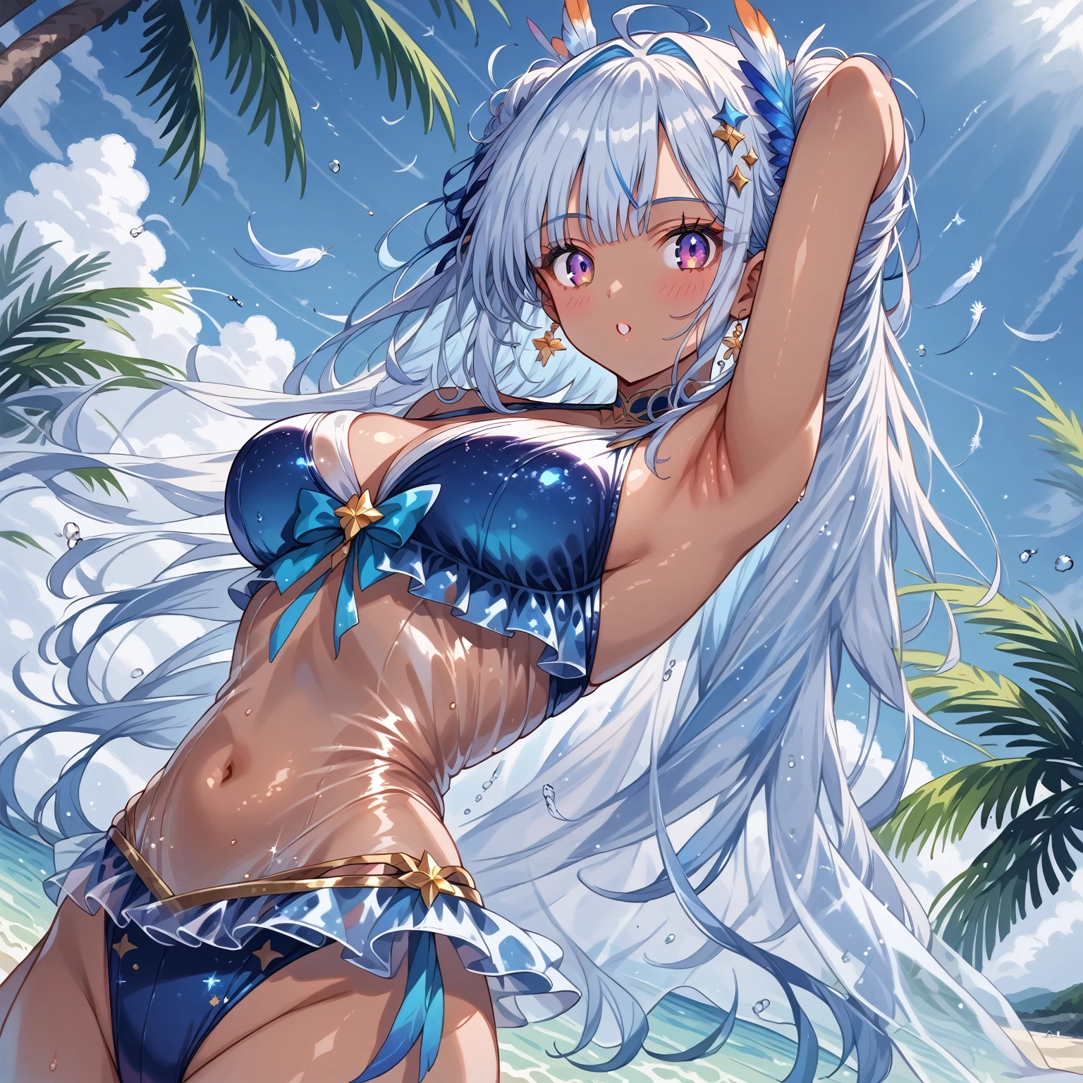 score_9, score_8_up, score_7_up, source_anime,masterpiece, best quality, high resolution, extremely detailed CG, absurdres, highres, 1girl, a dark skin girl in a swimsuit, posing at the beach, (((light blue hair))), golden_decorations, feathers on swimsuit, asymmetric swimsuit, ((glitter swimsuit, shiny swimsuit)), Ombre swimsuit, gorgeous, single thighhigh, beach and blue sky in background, ((((transparent_dress)))), neondskdrmsxl