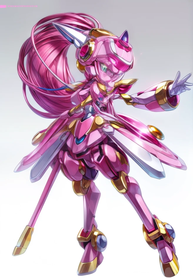 A solo pink and pupple Medabot with gold trim with no mouth and glowing eyes and long hair high ponytail, high detail, simple background, masterpiece,4k,8HD,full body