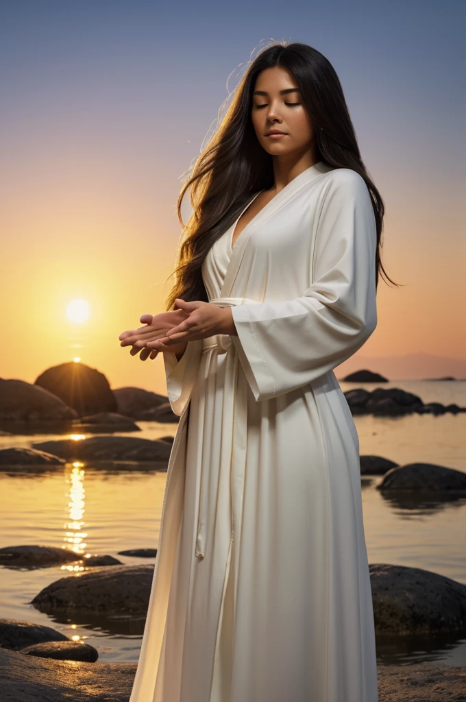 Create an image of a serene, natural landscape during sunrise or sunset. Include a figure with long hair in flowing robes, positioned in the foreground with hands pressed together in a gesture of peace or prayer. The figure's face should not be visible to maintain their anonymity. The background should feature soft lighting and possibly elements like floating particles to enhance the mystical or tranquil atmosphere.