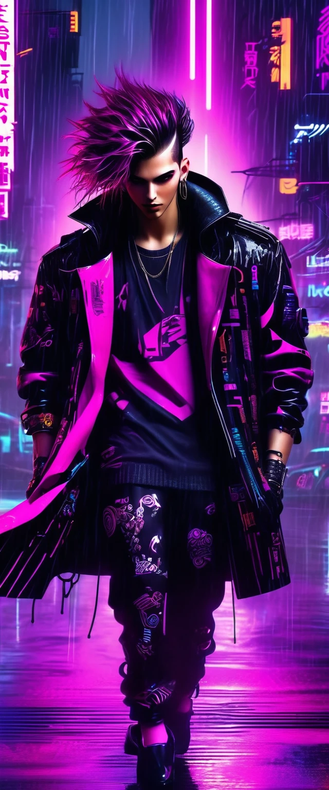 (Masterpiece, Best Quality, high resolution, 32k drive wallpaper, Extremely detailed CG:1), (weak illustration on stage:1.0), ((1 young and handsome cyberpunk:1.5 dancing in the rain:1.7 )),(( cyberpunk night city:1.4)), neon signs futuristic cars,dark place rain, ((wet clothes magenta neon lights perfectly illuminating the young man:1.45) . 32k