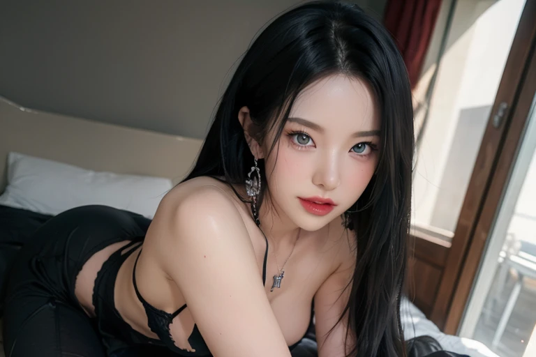 (1 girl:1.3), Alone, (very detailed face) full body masterpiece, Ultra realistic, 16K, nightmare atmosphere, gothic, r3b3cc4 young, Sensual (??????), 1 girl (cute young) alone, delicate (seductive) female face, silky realistic hair, hair fringe, looking at viewer, goth makeup (??????) Sakuragi Otome (otome dori), black hair, simple unfocused background, bedroom background, jewelry, earrings, necklace, young beauty, portrait, hoop earrings, realistic, soft lighting, slender hot body , photorealistic, detailed clear eyes, extremely ??????, delicate feminine, muscular female body, large natural ???????, belly hot, narrow waist, proportionally big ????, thick legs, beautiful, ???? (????), different sensual positions, raw, analog, sharp focus, 8K, high definition, dslr, high quality, Fujifilm XT3, Film grain, award winning, highly detailed skin artwork, realistic skin details, visible pores, clear focus, volumetric fog, 8k hd, dslr, high quality, Film grain, light skin, photographic realism , lomography 