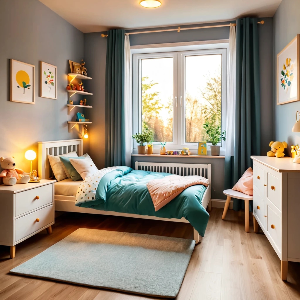 inside of a small childs room, there is a bed with a comforter, radiant evening light