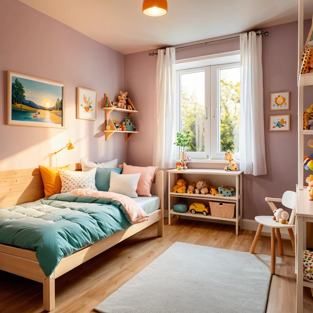 inside of a small childs room, there is a bed with a comforter, radiant evening light