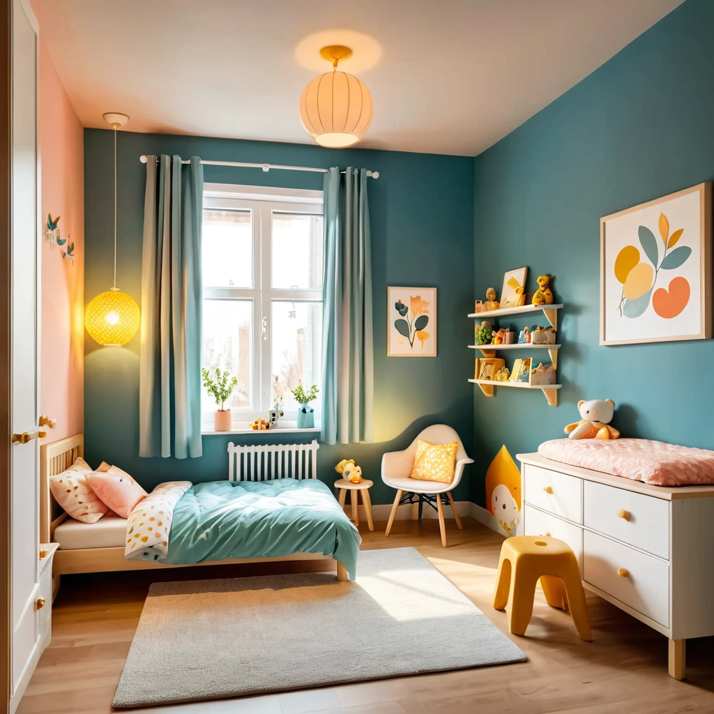 inside of a small childs room, there is a bed with a comforter, radiant evening light
