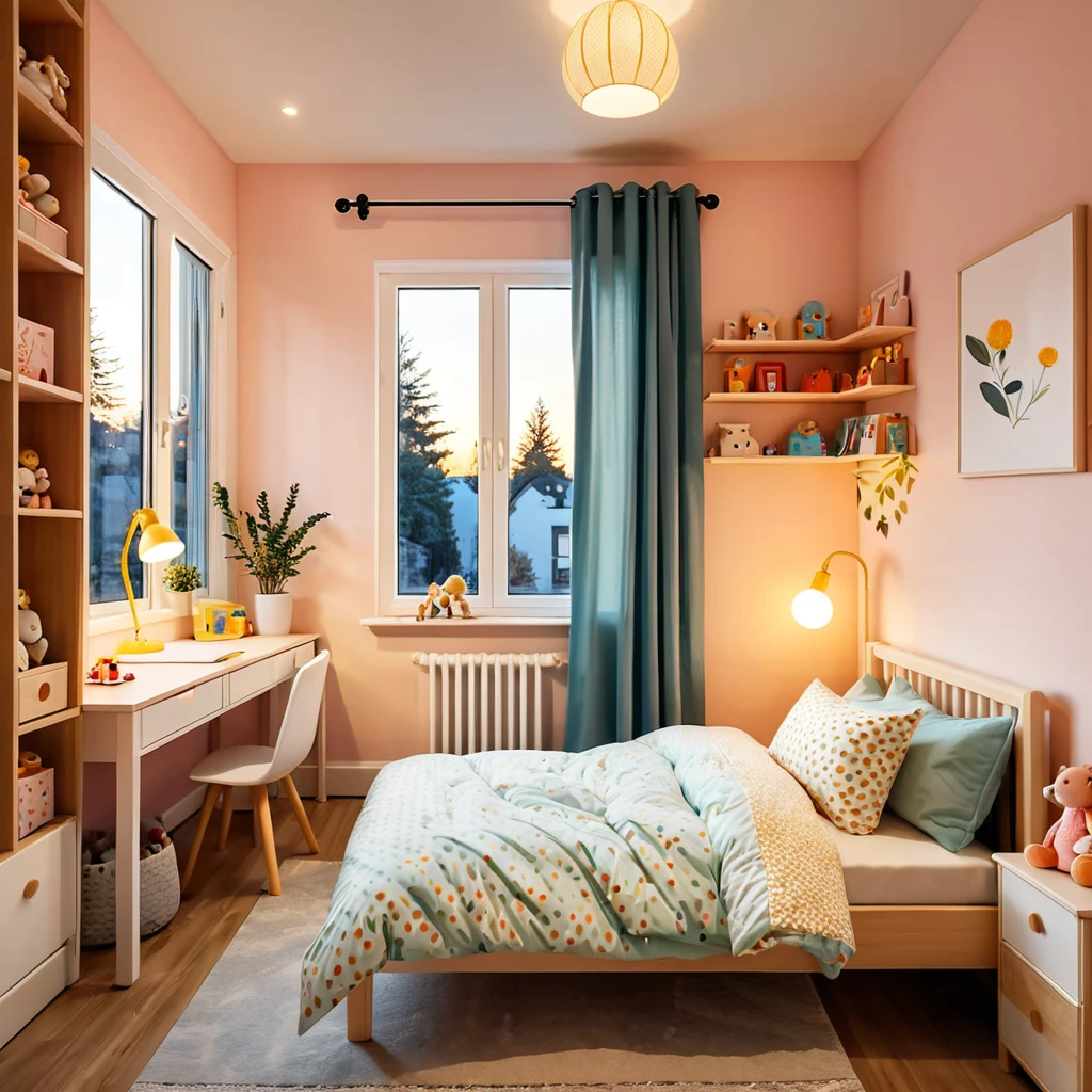 inside of a small childs room, there is a bed with a comforter, radiant evening light
