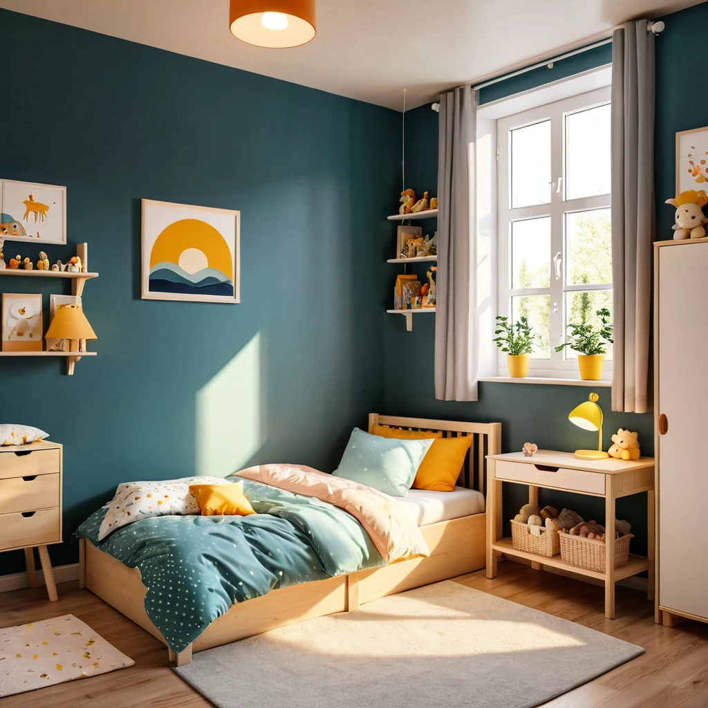inside of a small childs room, there is a bed with a comforter, radiant evening light