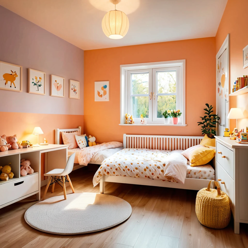 inside of a small childs room, there is a bed with a comforter, radiant evening light