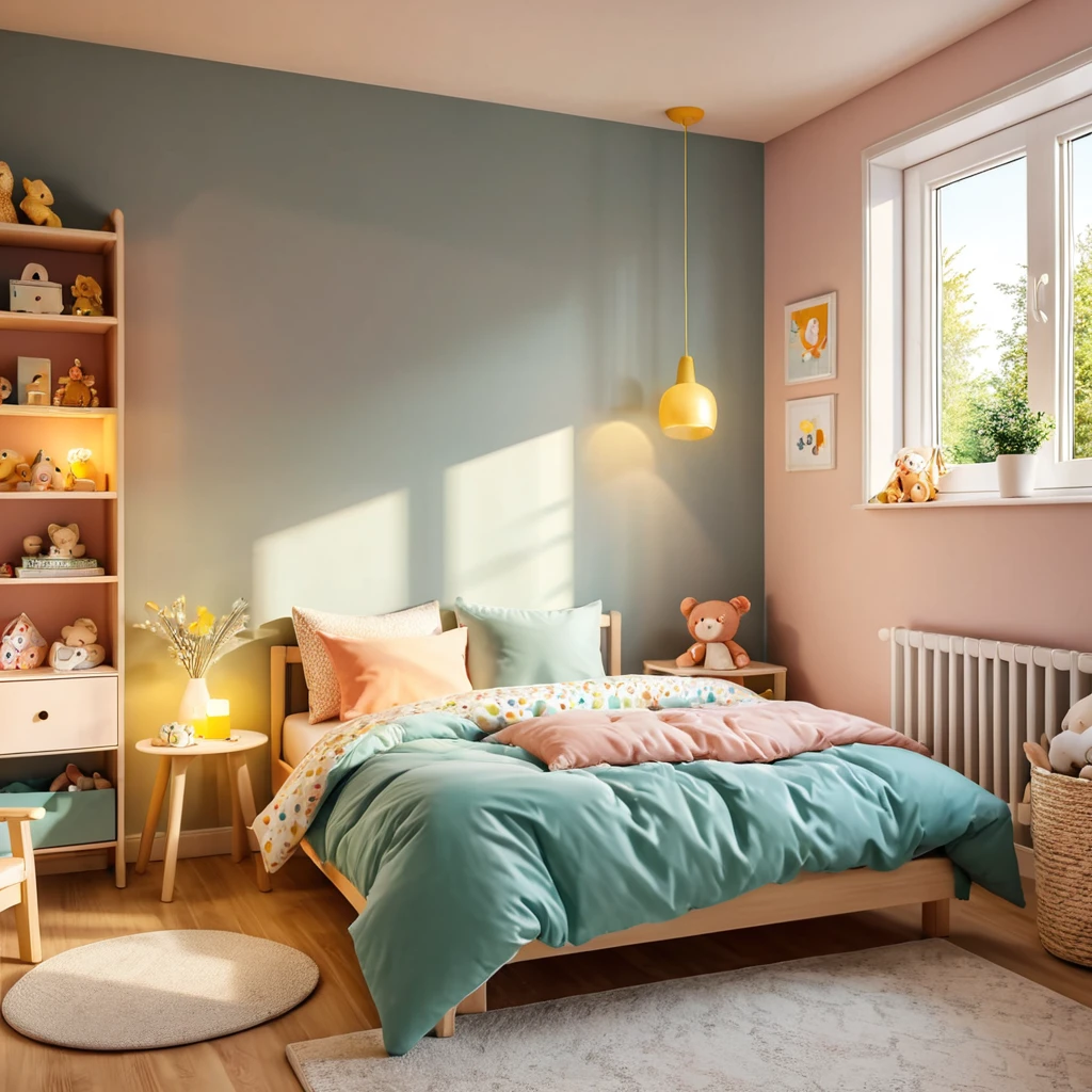 inside of a small childs room, there is a bed with a comforter, radiant evening light