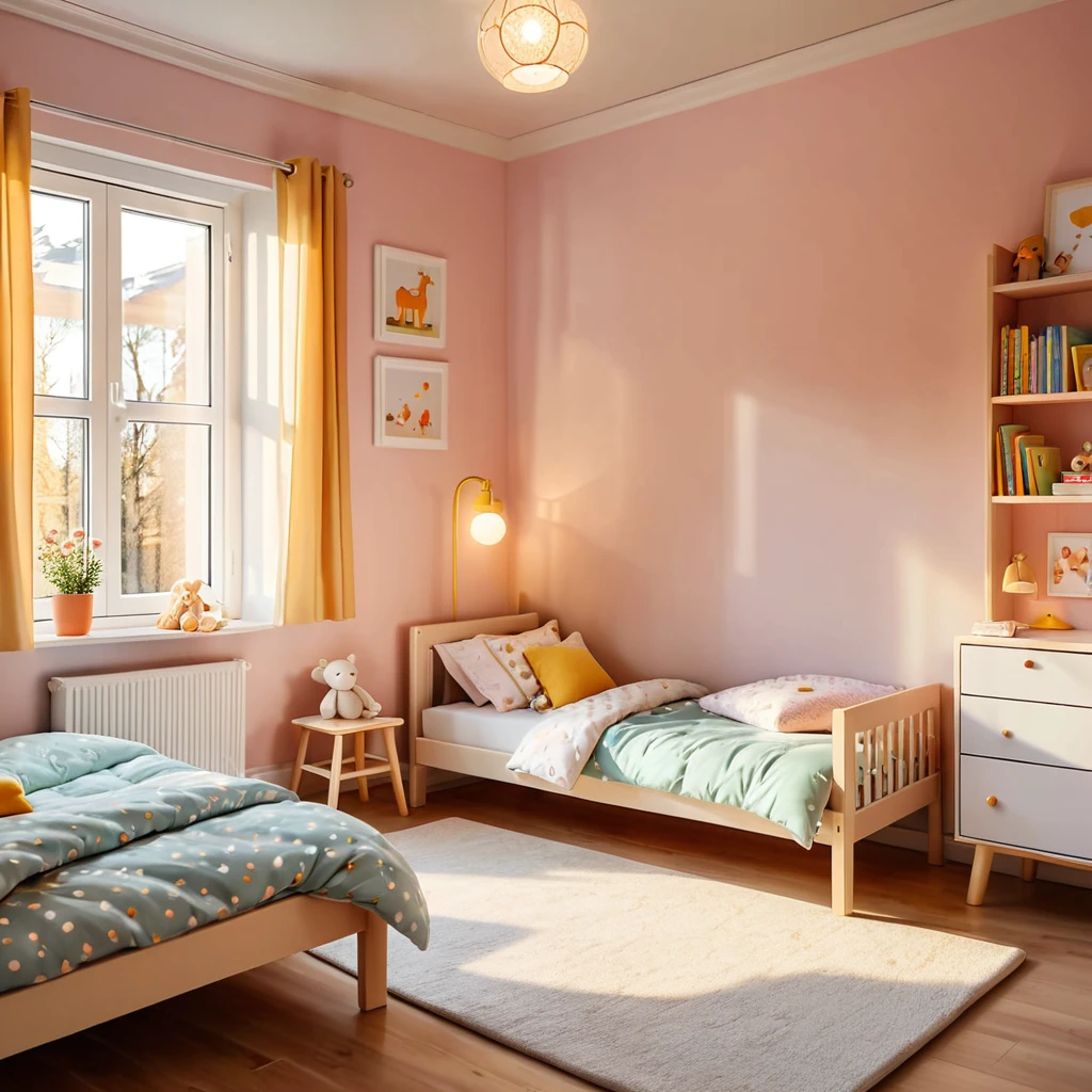 inside of a small childs room, there is a bed with a comforter, radiant evening light
