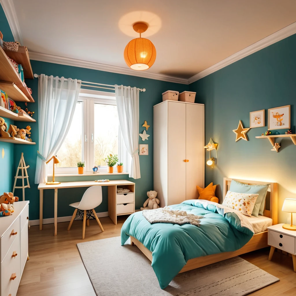 inside of a small childs room, there is a bed with a comforter, radiant evening light
