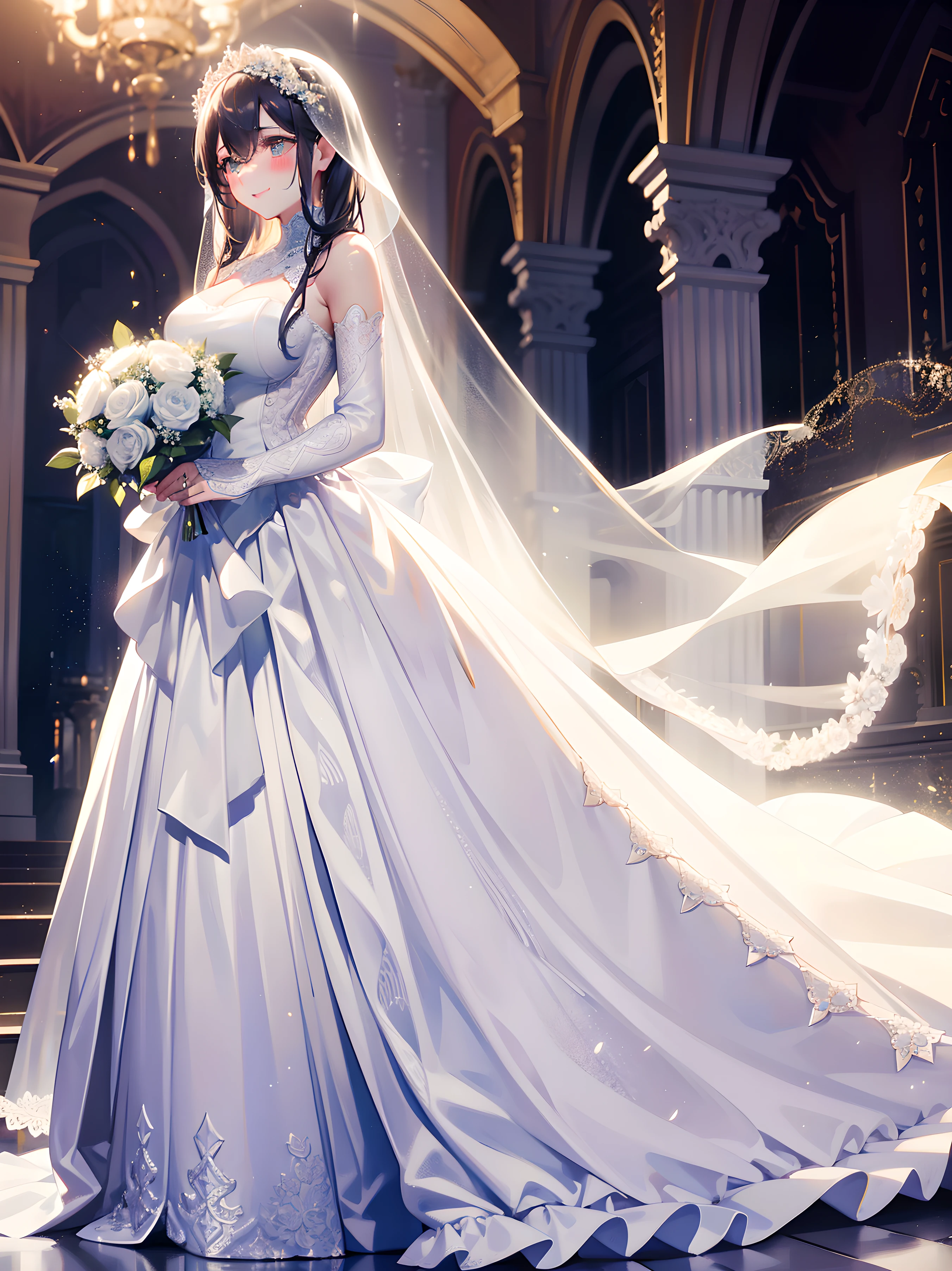 a beautiful young woman wearing a stunning white wedding dress, with intricate lace details, a full skirt, and a flowing veil, standing gracefully and holding a bouquet of flowers, smiling radiantly, in an elegant, romantic pose, with a soft, glowing lighting effect, highly detailed and photorealistic, cinematic lighting, stunning colors, 8k, best quality, masterpiece