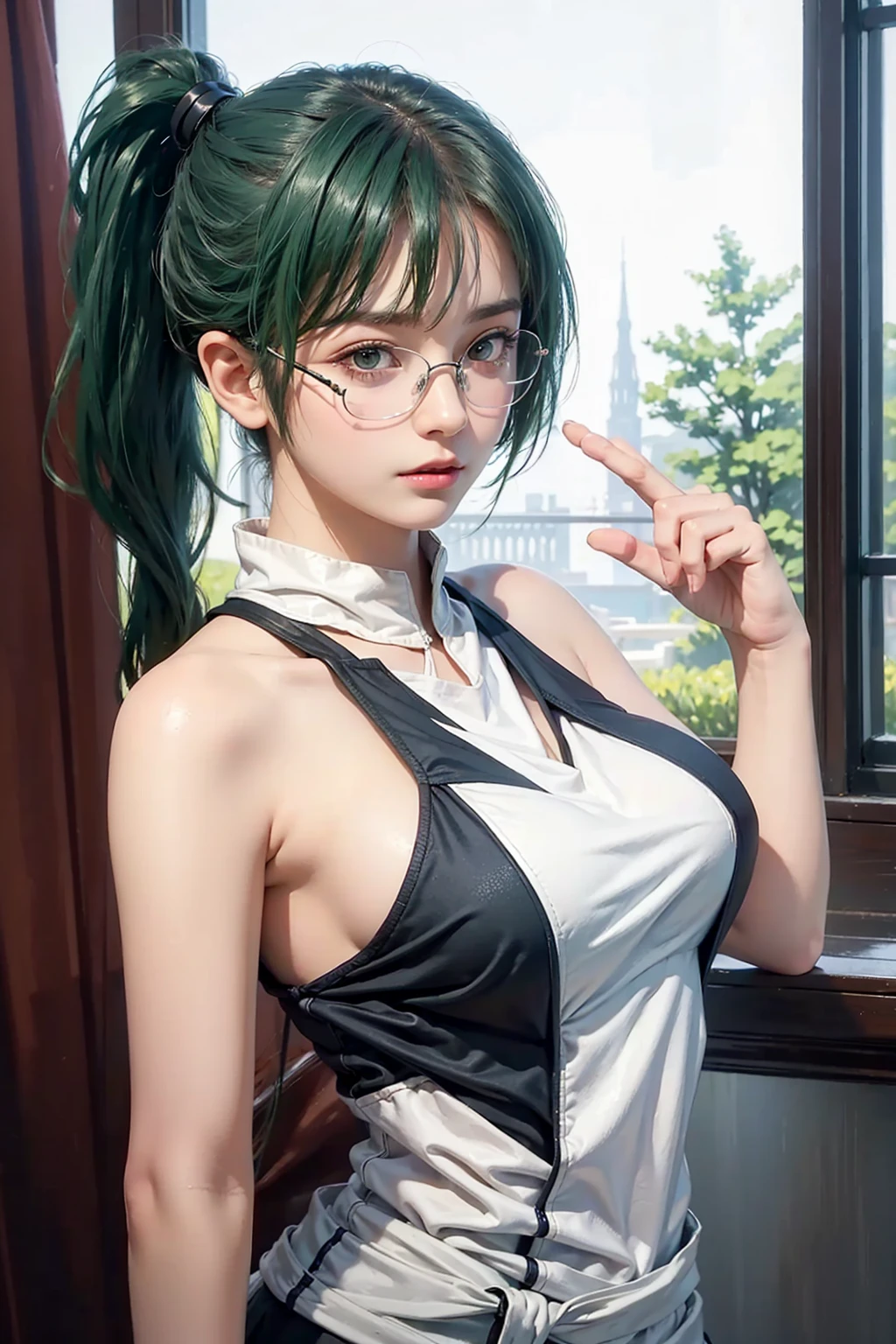 (front focus), (in the dark:1.6), Hyperrealist portrait of female by david hockney and alphonse mucha, fantasy art, photo realistic, dynamic lighting, artstation, poster, volumetric lighting, very detailed faces, 4 k, award winning, 1girl, in the dark, deep shadow, low key, cowboy shot, (official clothing:1.4), tied hair, green hair, brown eyes, with eye-glasses