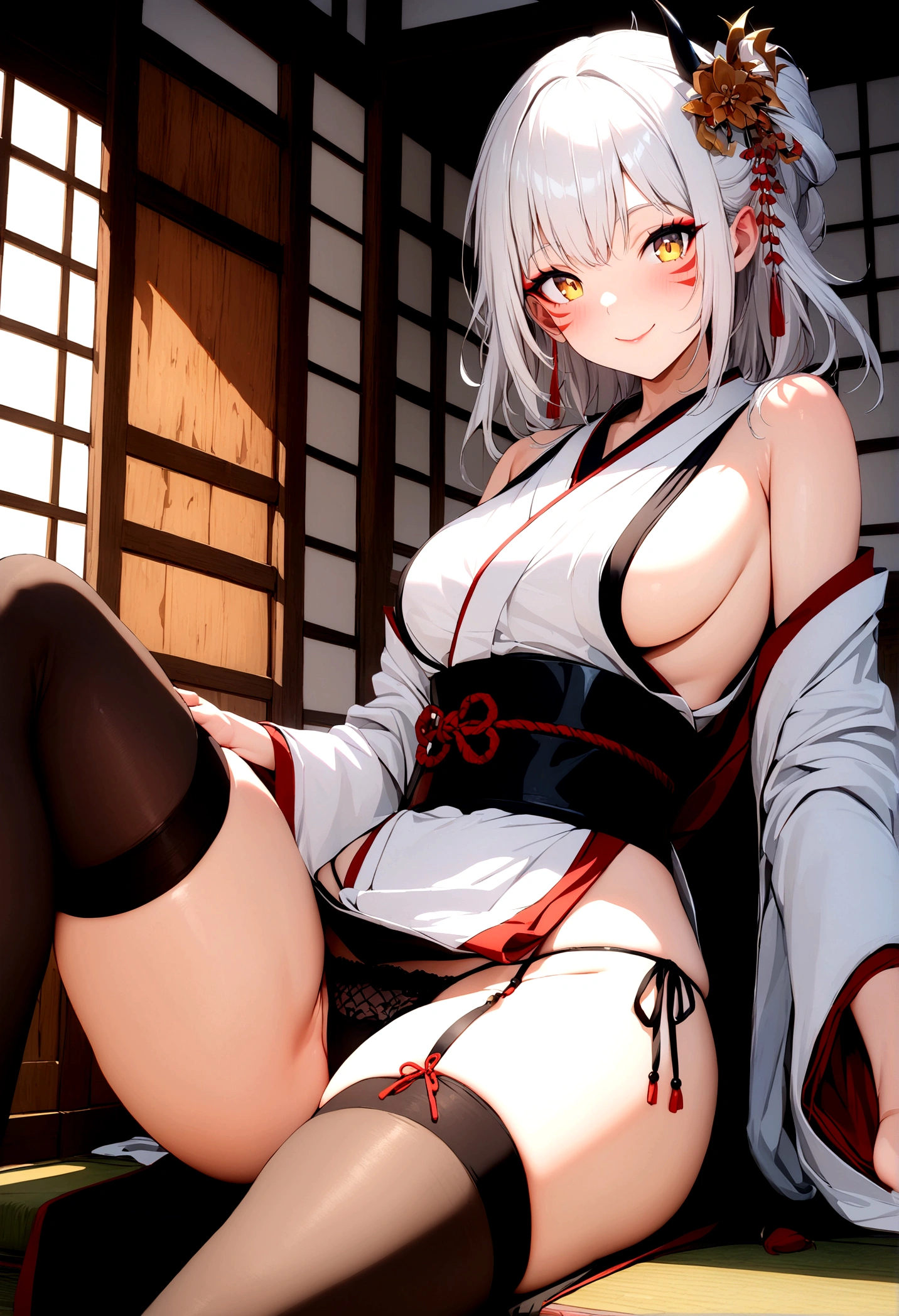 (best quality:1.2), 1girl, (masterpiece:1.2), raytracing, cute face, perfect face, ultra detailed,detailed face, 8k wallpaper, wide hips, DakiDM_NDV, 1girl, demon eyes, yellow eyes, white hair, japanese clothes, hair ornament, facial mark, thighhighs, makeup, side-tie panties, sideboob, sitting, armchair, indoor, japanese interior,  big smile, spread legs