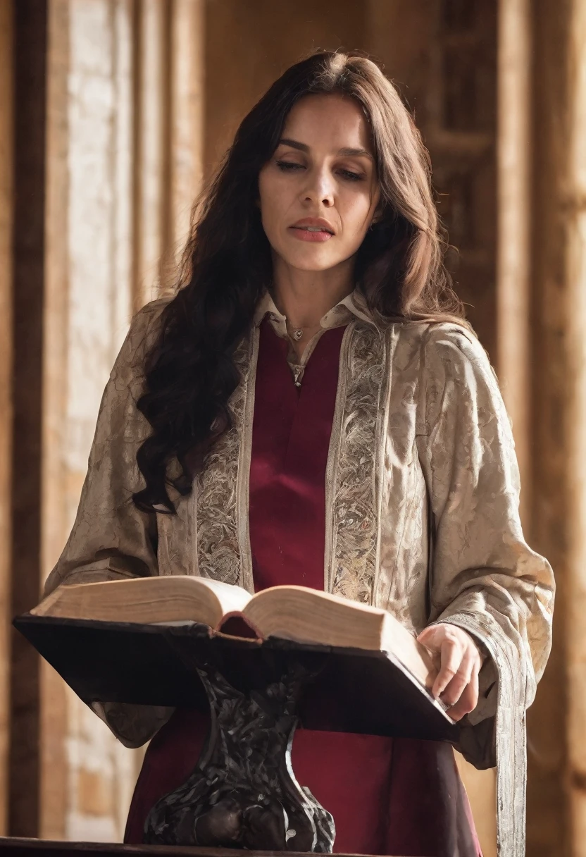 Realistic front editorial photograph of a woman with long hair preaching from a wooden pulpit, open Bible on the pulpit, passionate expression, dramatic lighting, protestant church environment, 200mm lens, sharp focus, high resolution