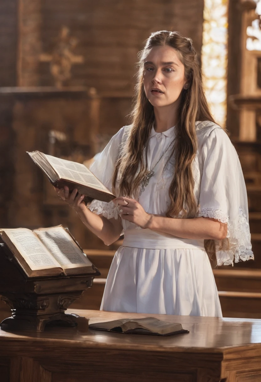Realistic front editorial photograph of a woman with long hair preaching from a wooden pulpit, open Bible on the pulpit, passionate expression, dramatic lighting, protestant church environment, 200mm lens, sharp focus, high resolution
