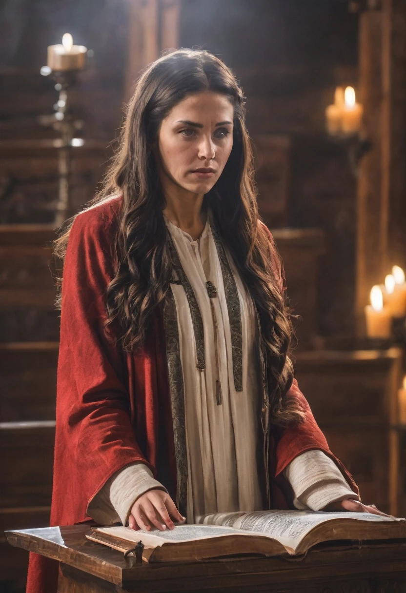 Realistic front editorial photograph of a woman with long hair preaching from a wooden pulpit, open Bible on the pulpit, passionate expression, dramatic lighting, protestant church environment, 200mm lens, sharp focus, high resolution