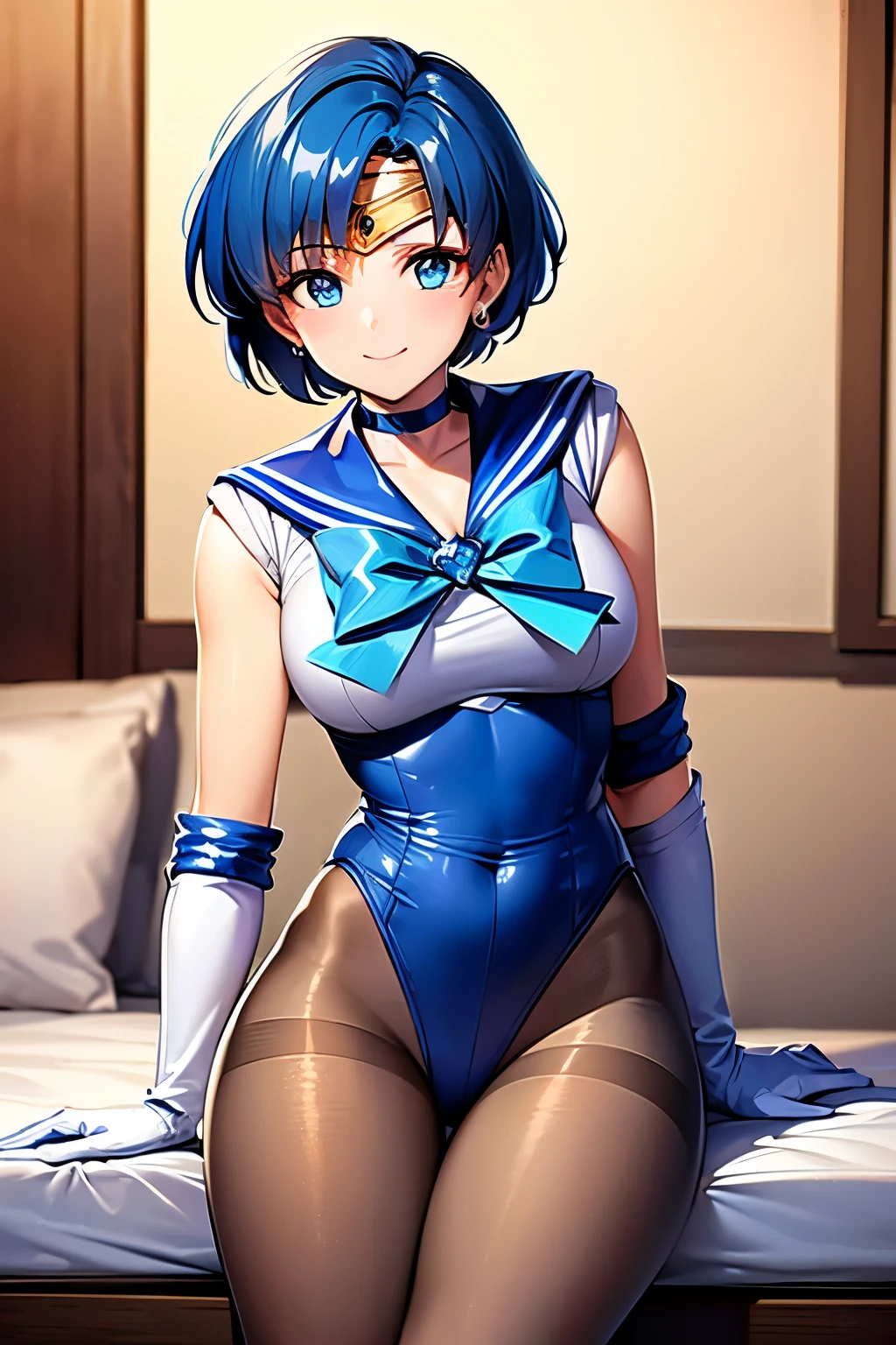 Highest quality, (masterpiece:1.2), Very detailed,
One girl, alone,
View your viewers, smile, Medium chest,
Water Eye, Blue Hair, short hair、Permed hair、((pantyhose))、Bedroom、((Sailor Mercury))、((Long gloves))、leotard、mini skirt、((Knee-high boots))、(Leg spread)