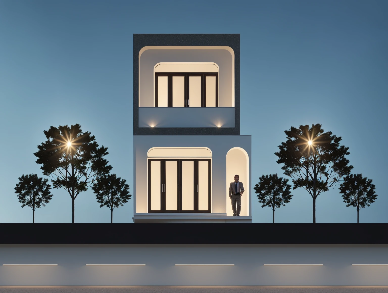 PLATFORM KTHOUSE, 1 morden villa,1large yard, 1 road runs in front of the house, (RAW photo, real, best quality, masterpiece:1.2), look morden minimalist, 1 road in front of the house, dynamic lighting:1.3, (hyper realistic, photo-realistic:1.2), high quality, (dark lighting:1.2), perfect lighting, archdaily, no human, light at 12 noon, light in door:1.2
