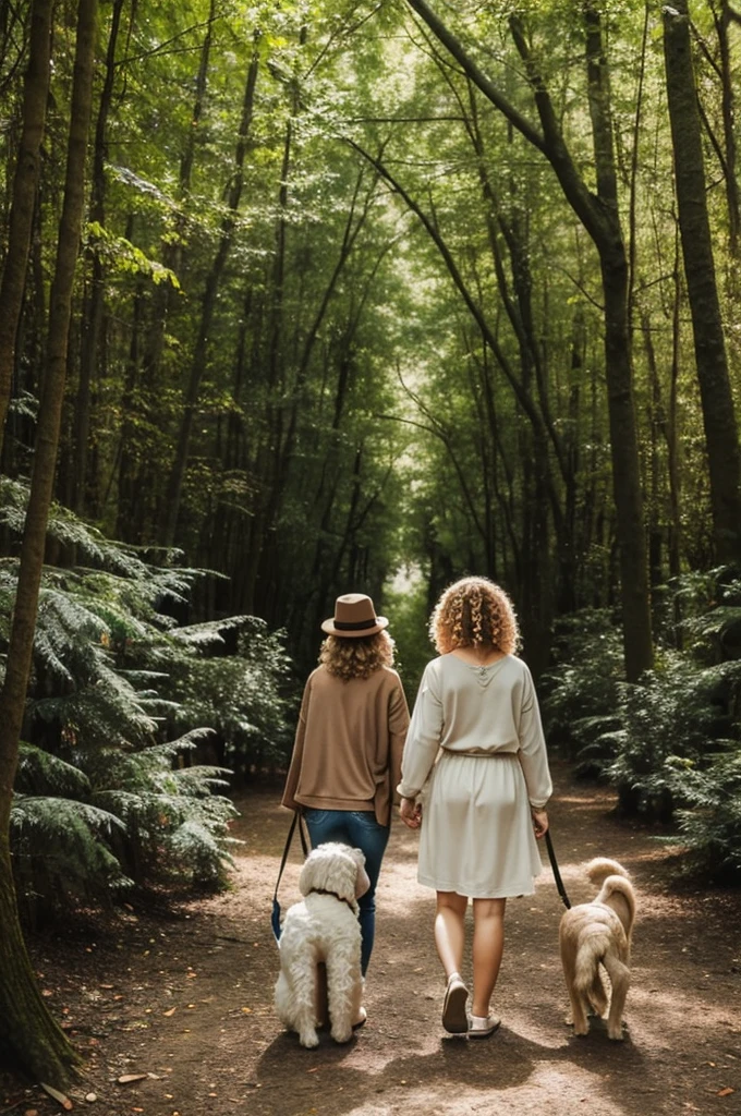 Woman Blonde Curly Hair comfortable clothes with dog breed Shitzu are seen from behind. Walking into a magical forest The picture is in Disney style