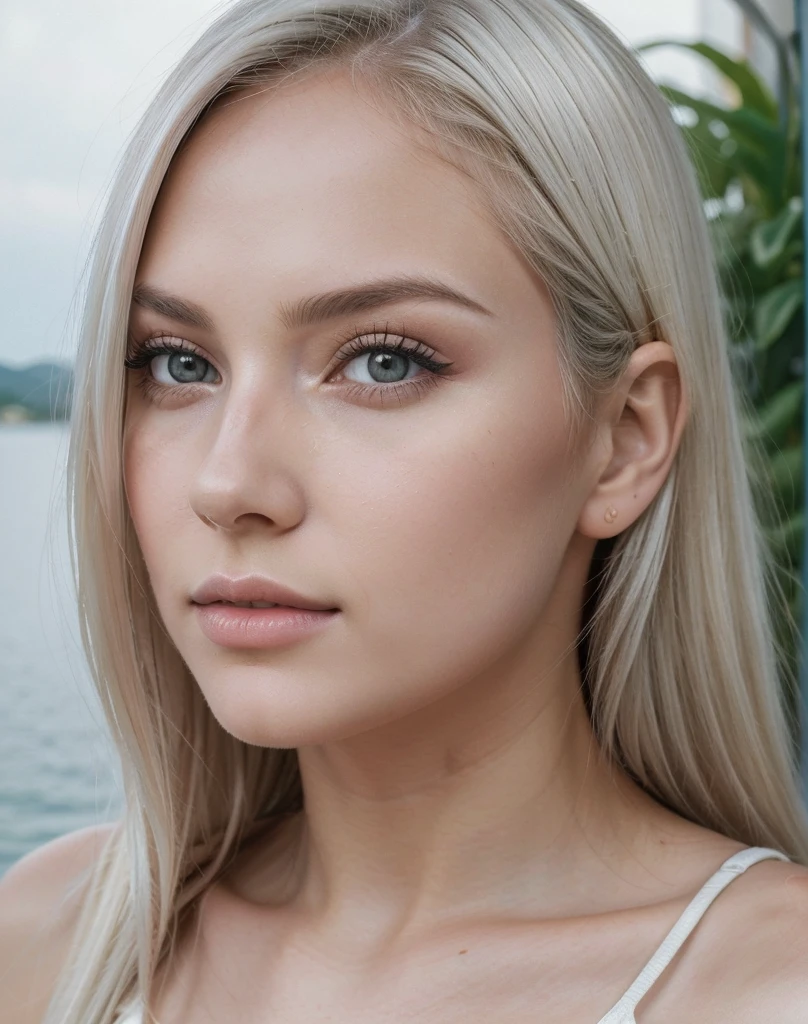 best quality, 8k, 32k, masterpiece, UHD:1.2), selfie, masterpiece, perfect, (..RAW), natural lighting, photo of a ((Best Quality)), ((Masterpiece)), (Detailed), Perfect Face, 1.1, Highly Detailed Face and Skin Structure, Detailede Augen, 21 Year Old Ukrainian Shatnek., Cute Vacation Pictures, Cute Modern , Cute Makeup , aesthetic photos on Instagram , (very straight platinum hair), perfect face, closed mouth, (extremely detailed eyes),Jiggle Physics, (highly detailed skin), pale skin, photographed on a Canon AE-1 , 35mm f1.8 lens, 55 mm, ISO 200, ((filmic grain)), (summer wear)