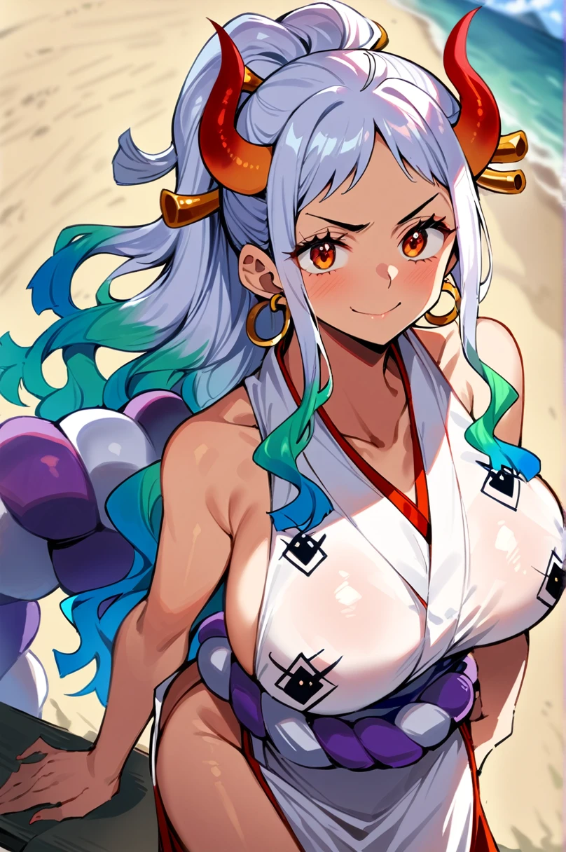 yamato \(one piece\), 1girl, solo, japanese clothes, multicolored hair, jewelry, earrings, sleeveless kimono, hair ornament, kimono, curled horns, long hair, oni, smile, rope, breasts, hair stick, sleeveless, shimenawa, closed mouth, hoop earrings, bare shoulders, ponytail, (masterpiece, best quality), beach, scenery, ((front view)), detailed, very high resolution, no blurry image, ((full body)), orange eyes, sligh wavy hair, ((big breasts)), upper body