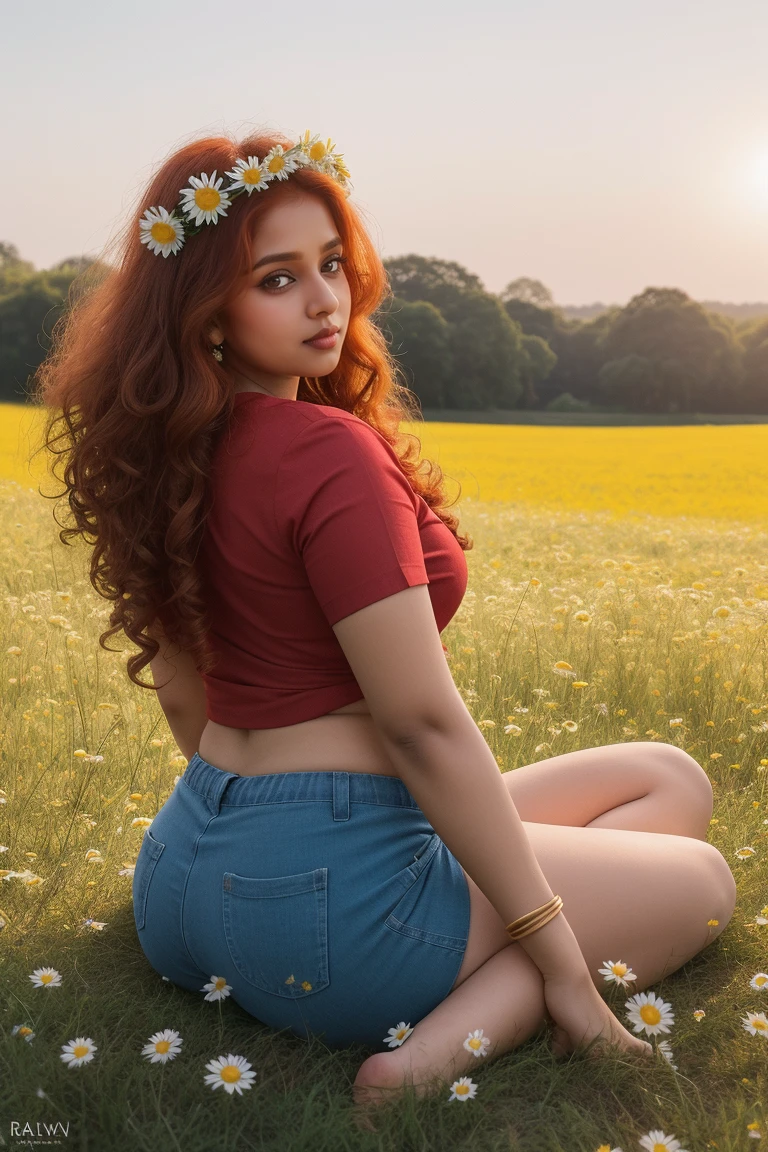Indian bhabhi alone, (long ginger curly hair:1.1), chubbyness, curve shaped, busty booty, eyes, Wearing a daisy wreath on your head, Sit in a daisy field, (fruit basket:1.1), blue shorts, red shirt,,raw,photographic,photo shadows,actual,Ridiculous,Aesthetic,elegant
