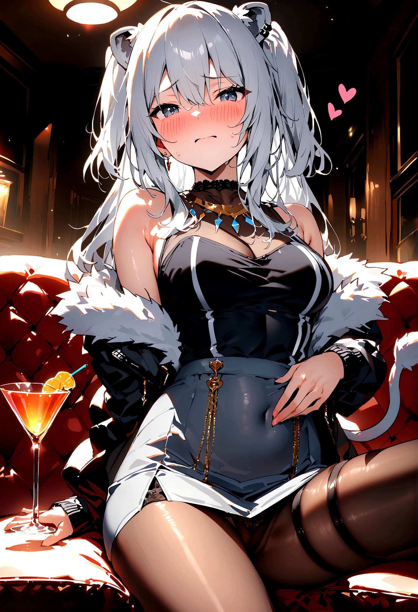 NSFW,masterpiece,Highest quality,High resolution,Super detailed,Shishirabotan\(Hololive\),Long Hair、Two Side Up、Earrings、Lion&#39;s Tail,necklace、Black Shirt、Sleeveless shirt、abdomen、See-through、Grey Skirt、片足pantyhose、pantyhose、fur-trimmed jacket、Black jacket、Off the shoulder,Black sexy panties,Embarrassed,blush,Luxurious Room,pub,Private room,sofa,Cocktail Glass,(Drunk),(Intoxication),Sitting,heart,Sexy pose,Panty shot,(Strong-faced men),隣にSitting,A man puts his hands on her waist and hugs her