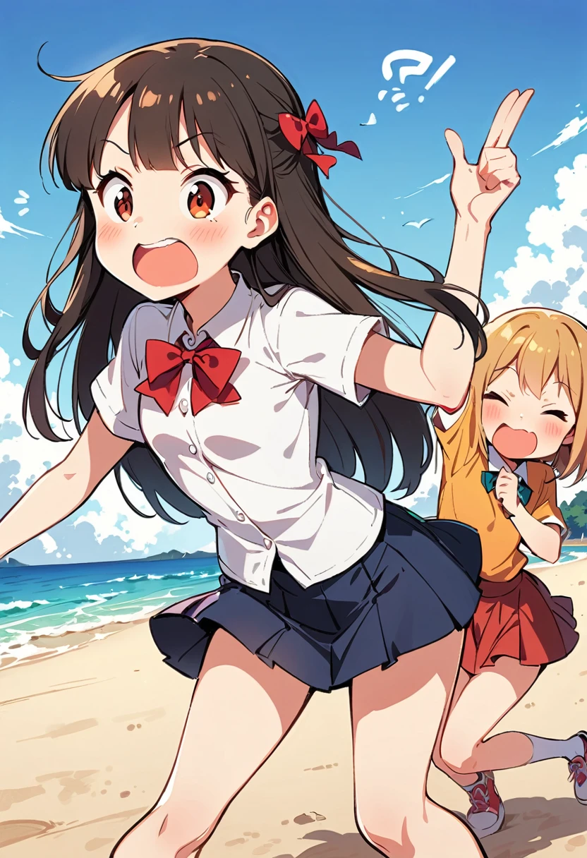 two girls having fun on the beach, schoolgirls, 15year old, SFW, funny, 比基尼, cute girls