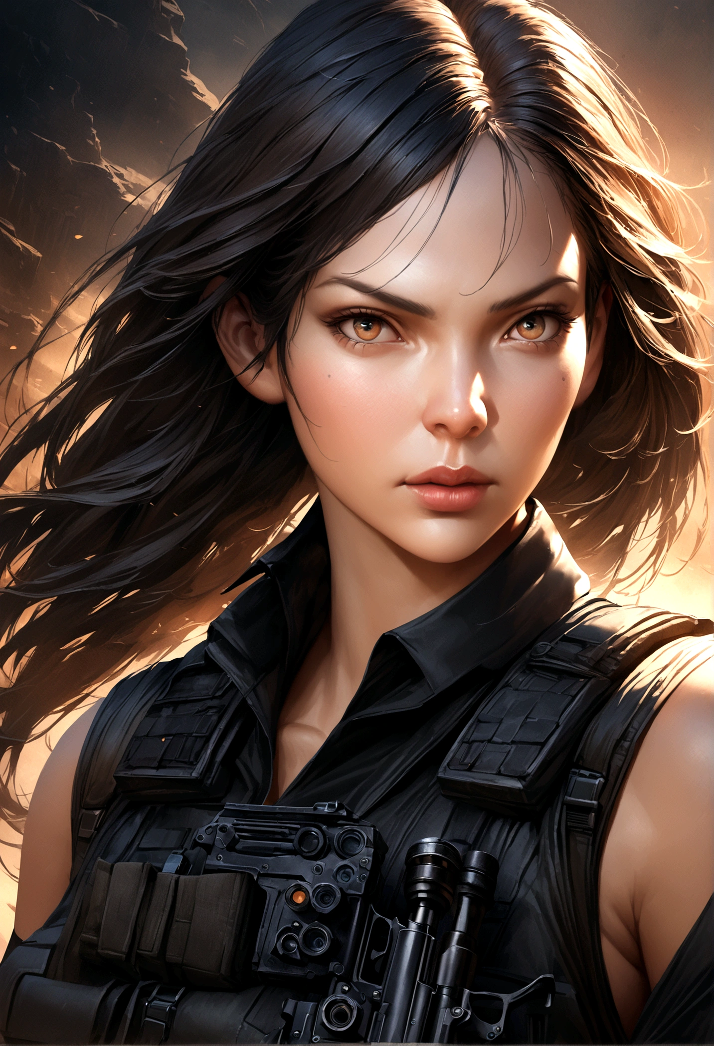a close up of a woman with a black outfit with tactical vest, serious face, 4k highly detailed digital art, 4k detailed digital art, realistic digital art 4k, realistic digital art 4 k, stunning digital illustration, assassin women, gun
