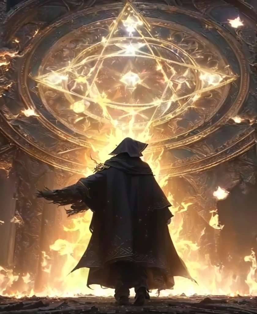 a person standing in front of a large star surrounded by fire, an arcane wizard casting a spell, spell casting wizard, occultist, holy flame spell, spell casting, summoning spell, casting a protection spell, archmage, casting a powerful spell, he is casting a lighting spell, holy fire spell art, mage the ascension, fate grand order, (best quality,4k,8k,highres,masterpiece:1.2),ultra-detailed,(realistic,photorealistic,photo-realistic:1.37),intricate details, vibrant colors, natural lighting, dreamlike atmosphere, enchanting, ethereal